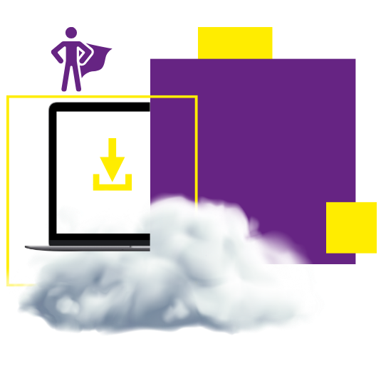 Grafik Cloud mit Laptop und Held repräsentiert unsere Teamkompetenz für IT-Systemadministration
