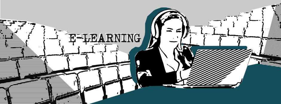 Frau am Laptop im leeren Hörsaal macht E-Learning